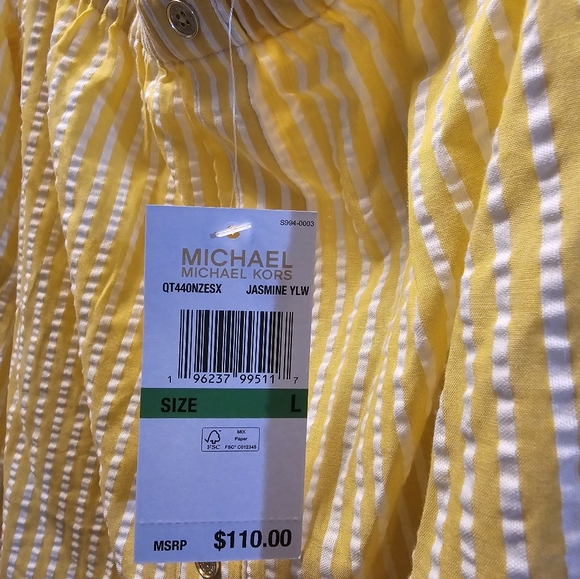 NWT MICHAEL Michael Kors L yellow white stripe blouse top - Picture 2 of 3